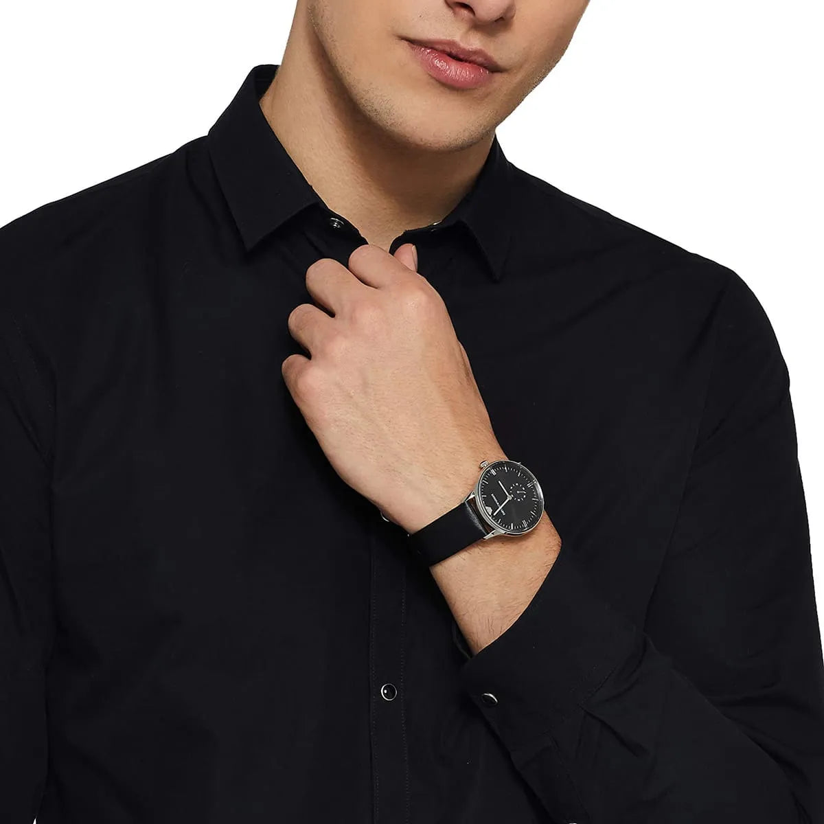 Emporio Armani AR0382 watch on wrist, lifestyle shot wearing black shirt