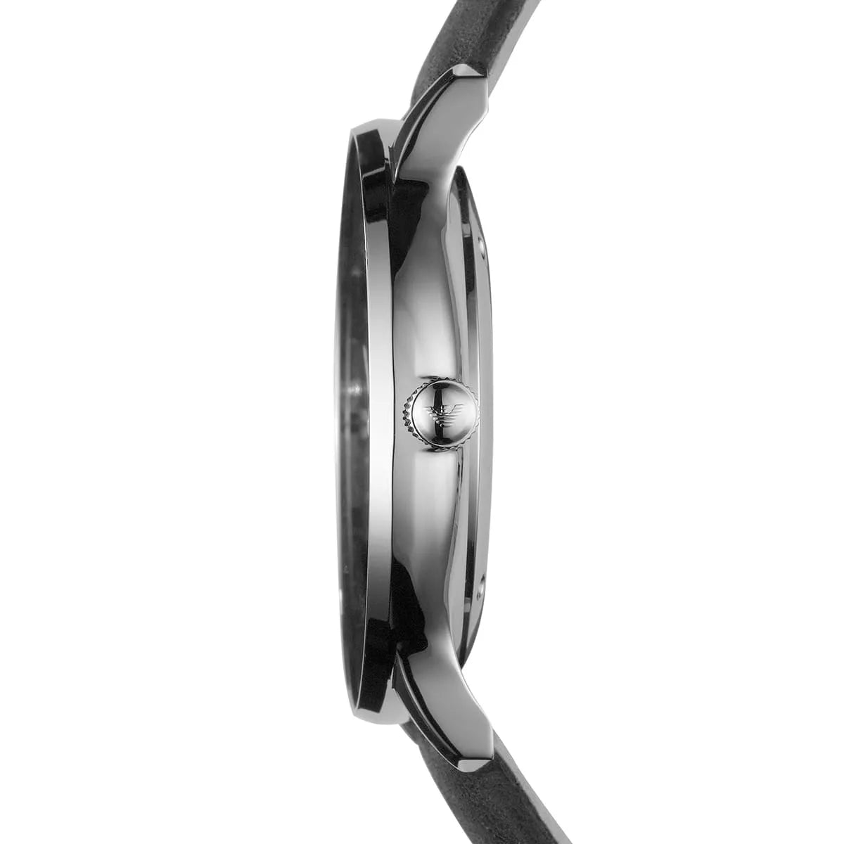 Emporio Armani AR0382 watch side profile showing case thickness and leather strap