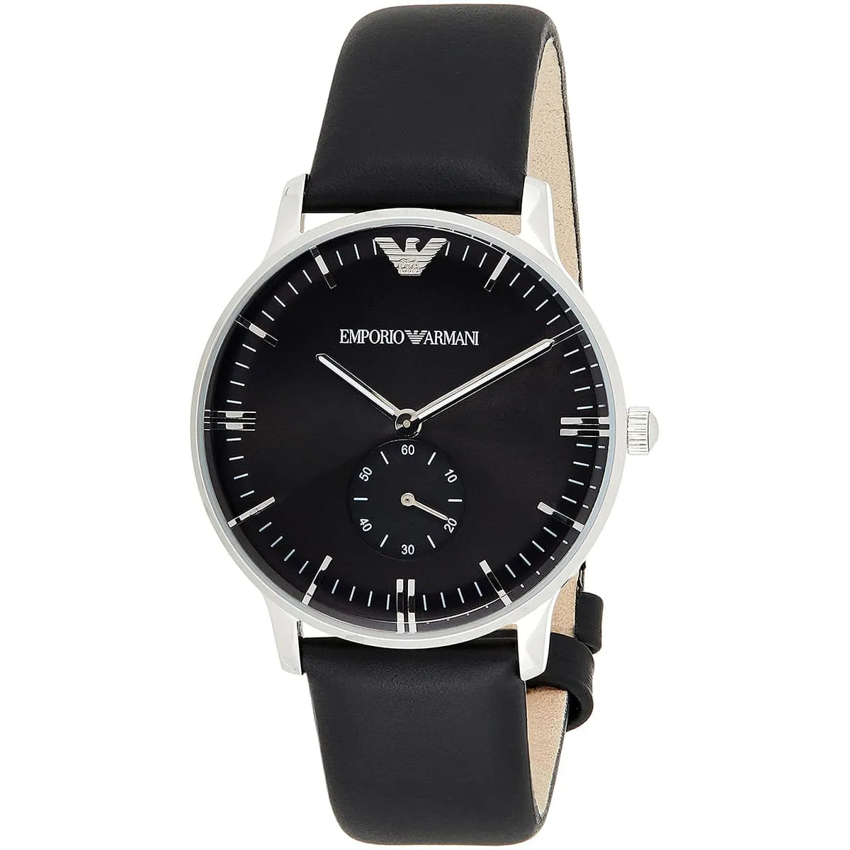 Emporio Armani AR0382 Gianni watch angled view showing sub-dial and leather strap
