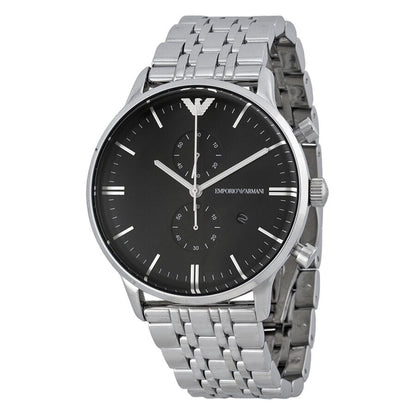 Emporio Armani AR0389 chronograph watch with black dial and stainless steel bracelet, front view