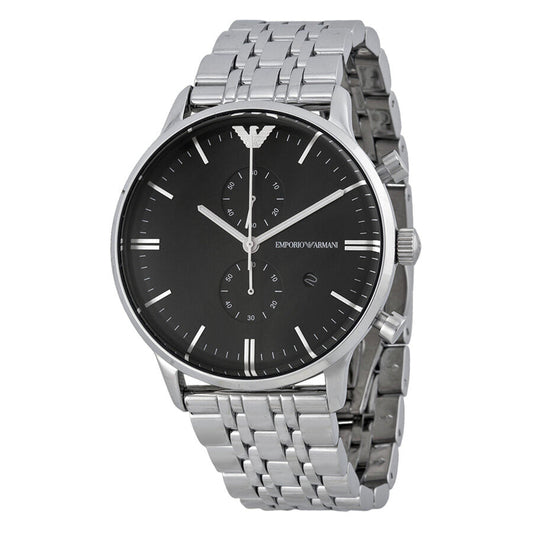 Emporio Armani AR0389 chronograph watch with black dial and stainless steel bracelet, front view