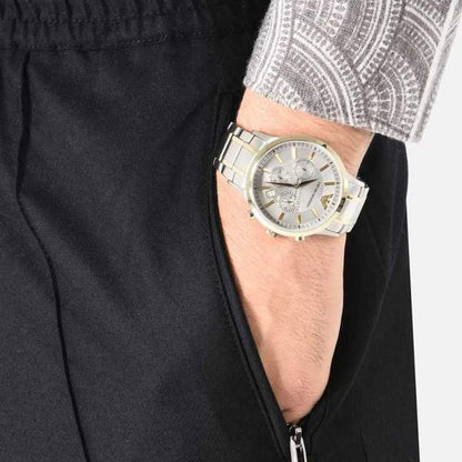 Emporio Armani AR11077 worn on wrist showing grey dial and mixed metal design