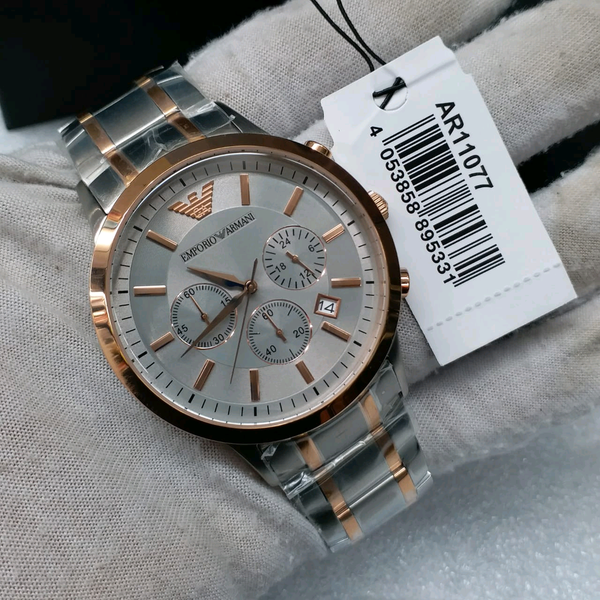Emporio Armani AR11077 chronograph watch with product tag on fabric display