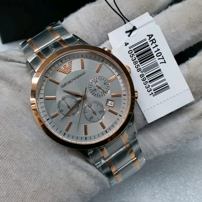 Emporio Armani AR11077 chronograph watch with product tag on fabric display