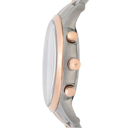 Side profile of Emporio Armani AR11077 with rose gold chronograph pushers and two-tone bracelet