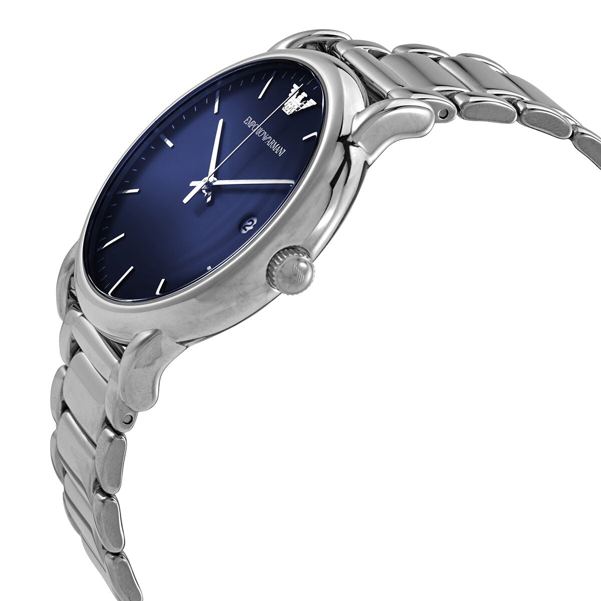 Emporio Armani AR11089 watch side angle showing blue dial and stainless steel case