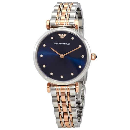 Emporio Armani AR11092 ladies watch with blue dial, rose gold and silver two-tone bracelet
