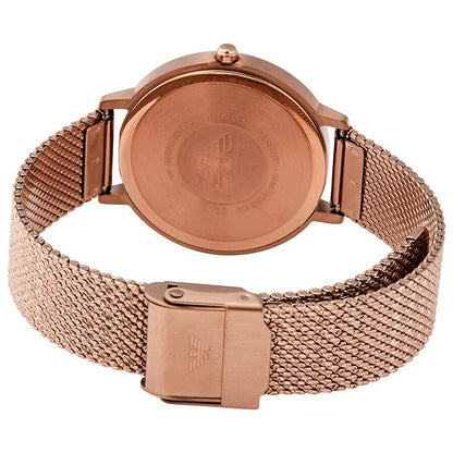 Back view of Emporio Armani AR11129 rose gold watch case showing caseback and mesh strap