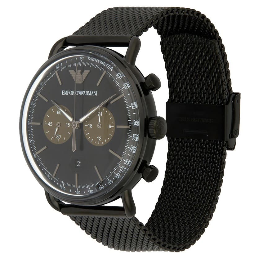 AR11142 aviator watch with dual chronograph subdials and black mesh band