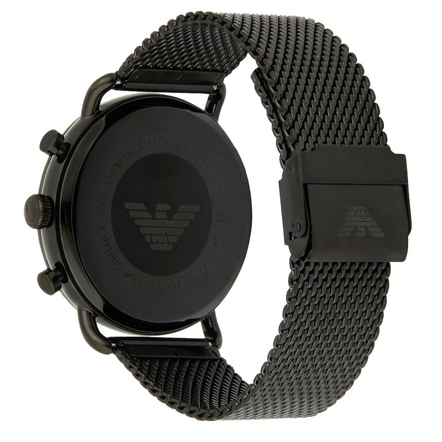 AR11142 caseback showing Emporio Armani eagle logo and black mesh strap