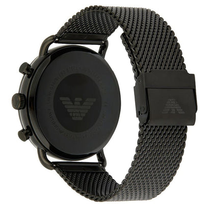 AR11142 caseback showing Emporio Armani eagle logo and black mesh strap