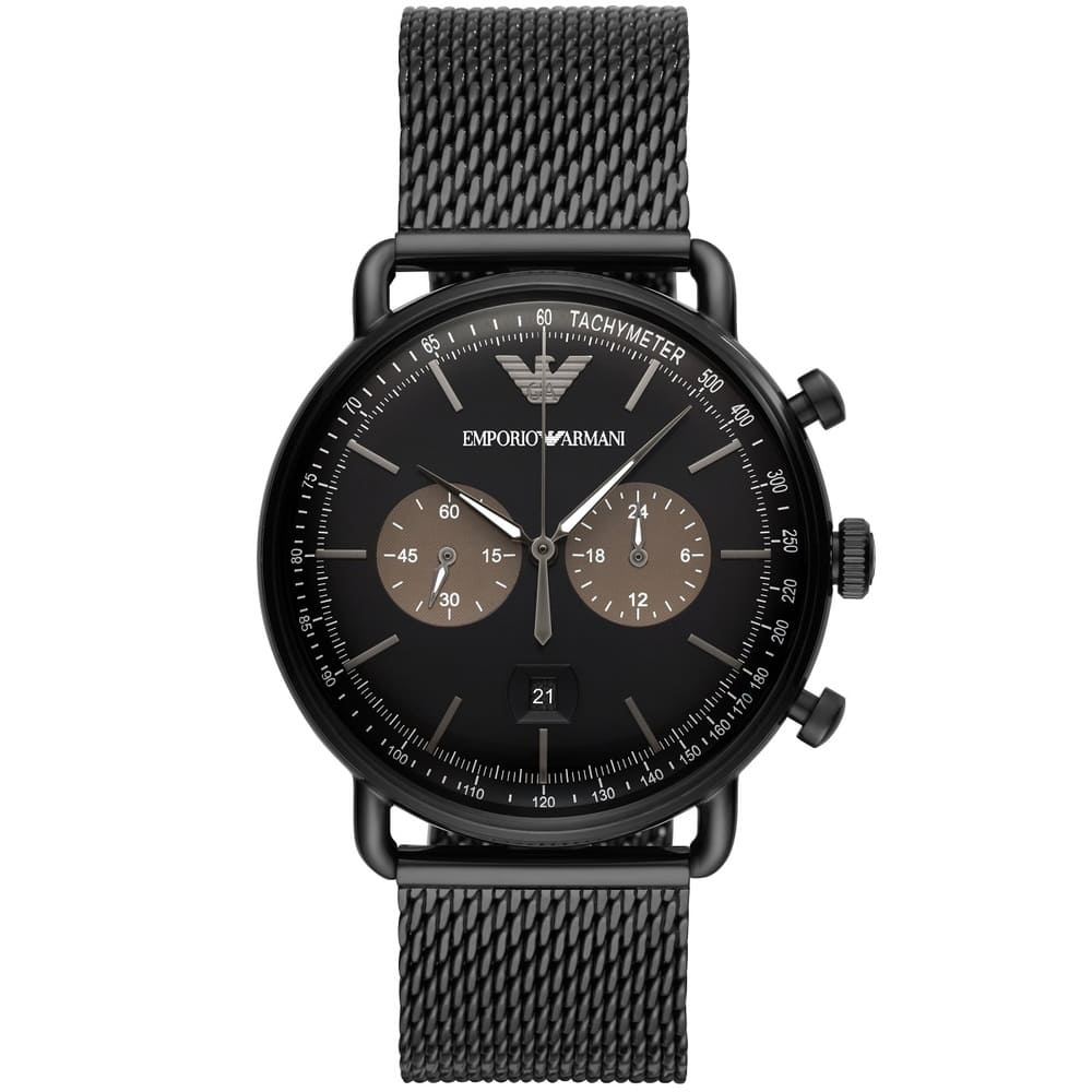 Emporio Armani AR11142 aviator chronograph with black dial and mesh strap