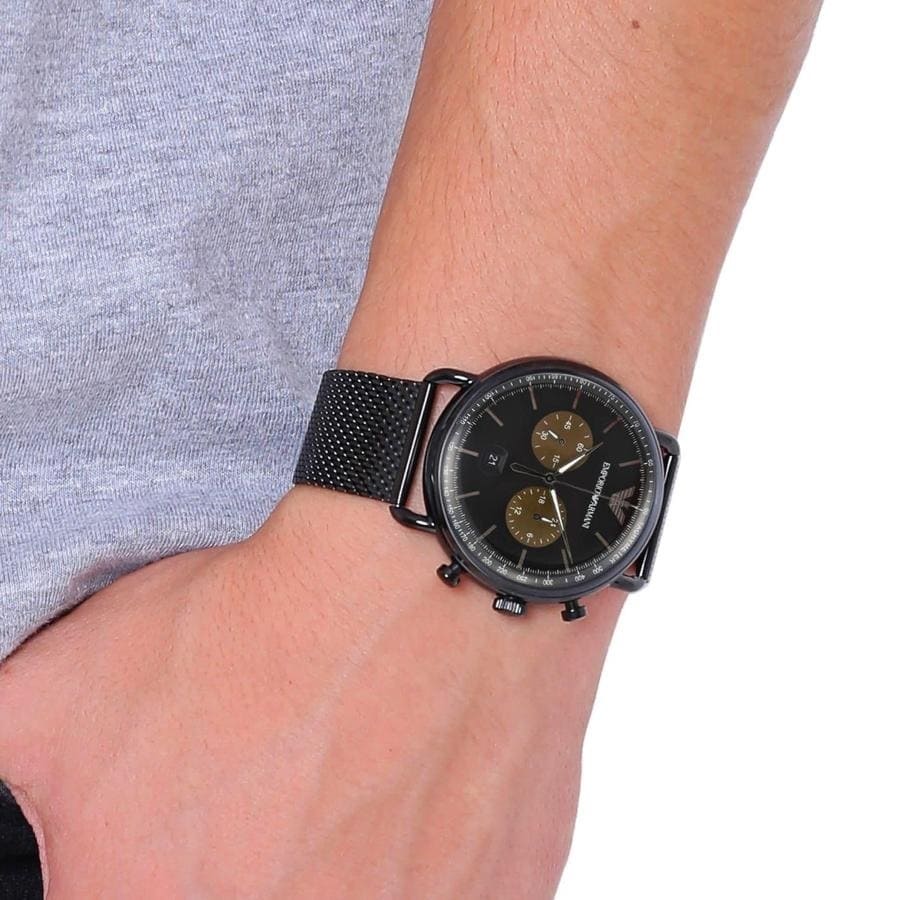 Emporio Armani AR11142 chronograph watch worn on wrist with mesh strap