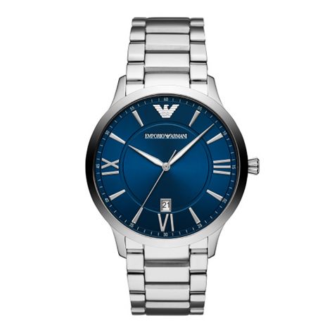 Emporio Armani AR11227 men's watch with blue dial, Roman numeral hour markers, and stainless steel bracelet