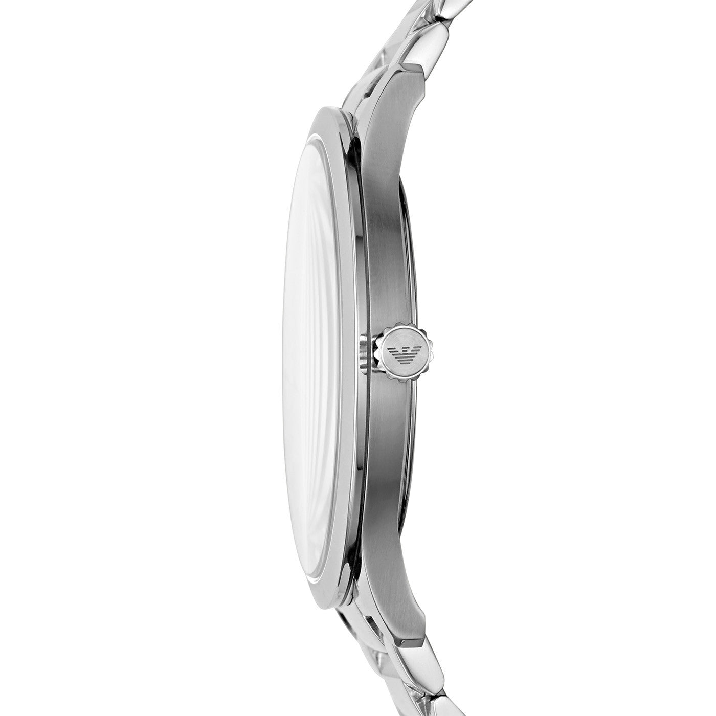 Side profile of Emporio Armani AR11227 showing stainless steel case and bracelet