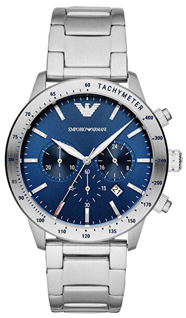 Emporio Armani AR11306 chronograph watch with blue dial and metallic stainless steel case