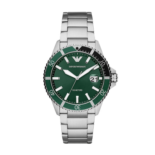 Emporio Armani Diver Three-Hand Date Green Dial Silver Watch - AR11338