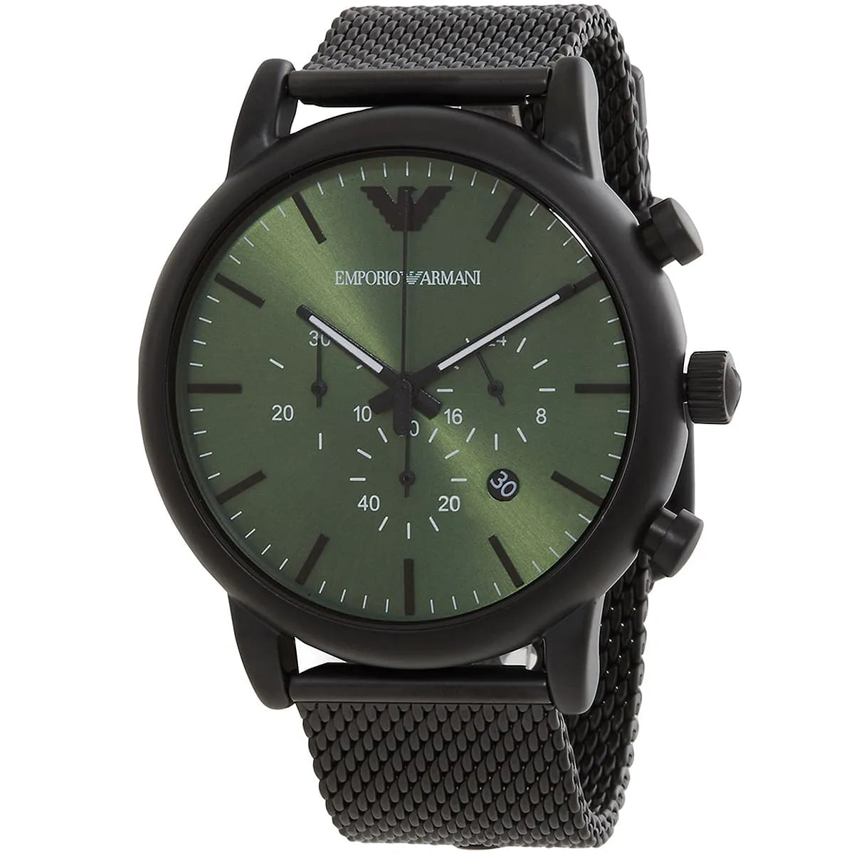 Emporio Armani AR11470 watch angled view showing green chronograph dial