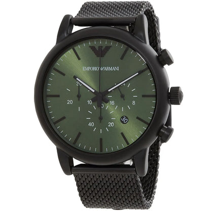 Emporio Armani AR11470 watch angled view showing green chronograph dial