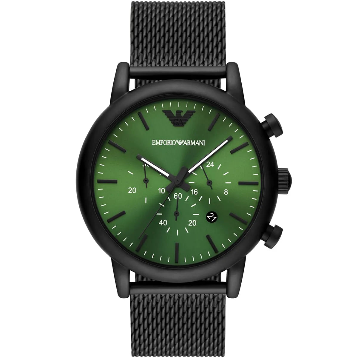 Emporio Armani AR11470 black chronograph watch with green dial and black mesh strap