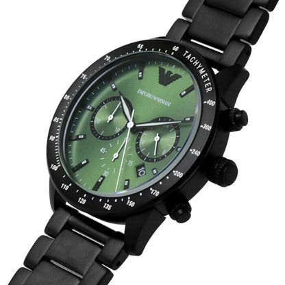 AR11472 three-quarter view showing green dial, chronograph subdials, and tachymeter