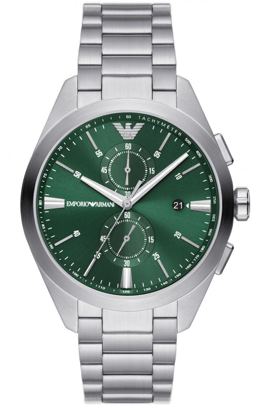 Emporio Armani AR11480 silver chronograph watch with green dial and white hands