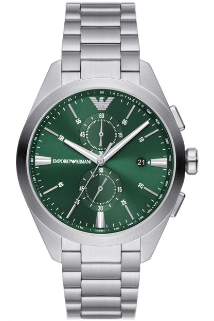 Emporio Armani AR11480 silver chronograph watch with green dial and white hands