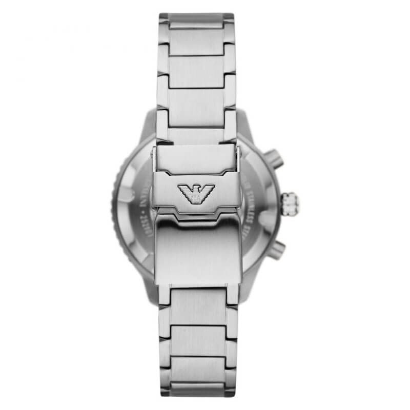 Caseback view of AR11500 showing stainless steel case with Emporio Armani eagle logo
