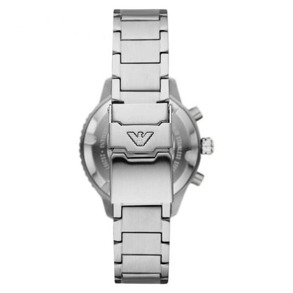 Caseback view of AR11500 showing stainless steel case with Emporio Armani eagle logo