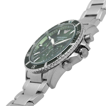 Side angle view of AR11500 watch showing green dial, chronograph pushers, and metal bracelet