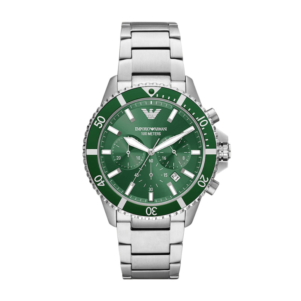 Emporio Armani AR11500 chronograph watch with green dial and stainless steel bracelet