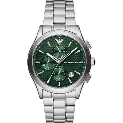 Emporio Armani AR11529 chronograph watch with green dial and silver stainless steel bracelet