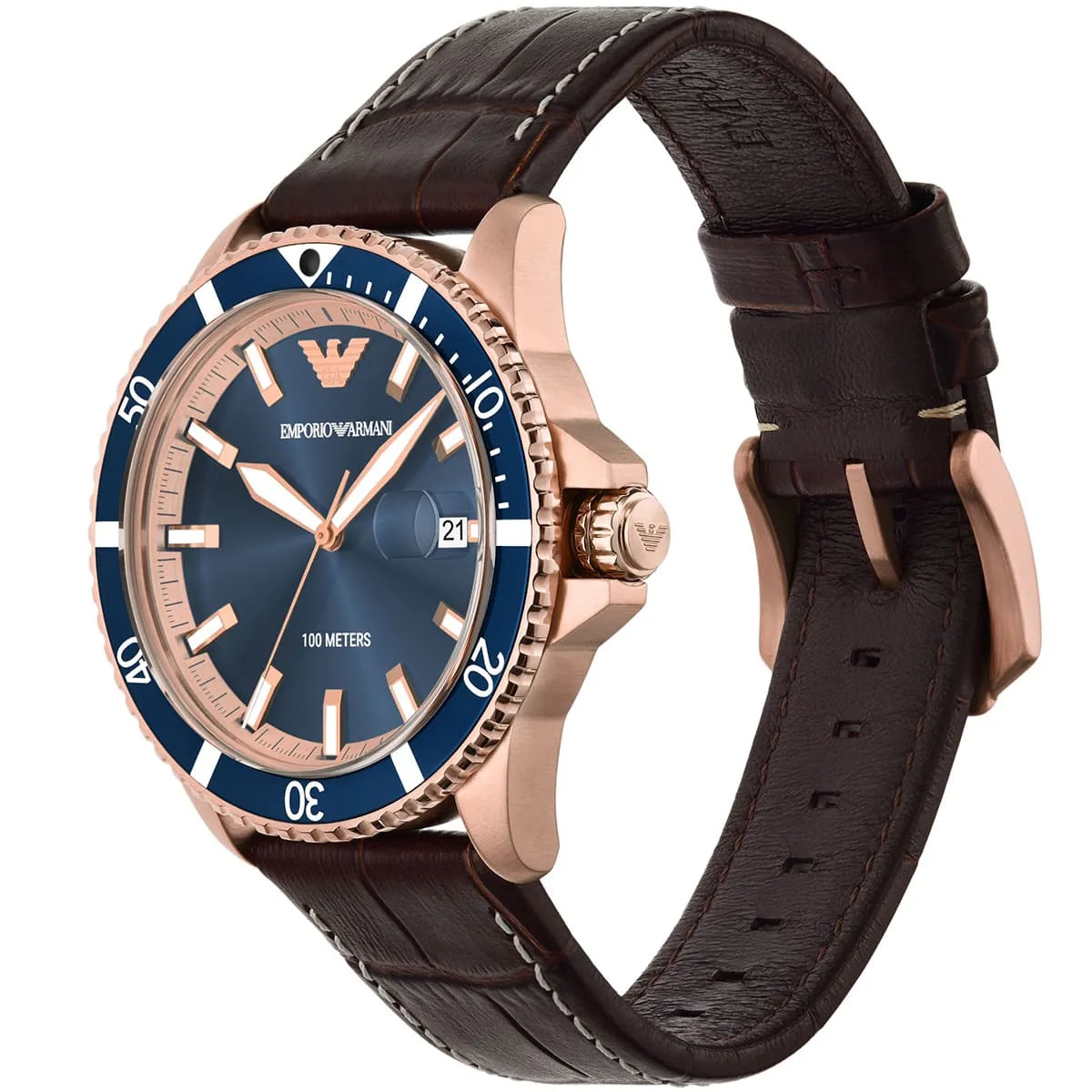 Emporio Armani AR11556 three-quarter view showing rose gold case and blue dial