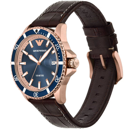 Emporio Armani AR11556 three-quarter view showing rose gold case and blue dial