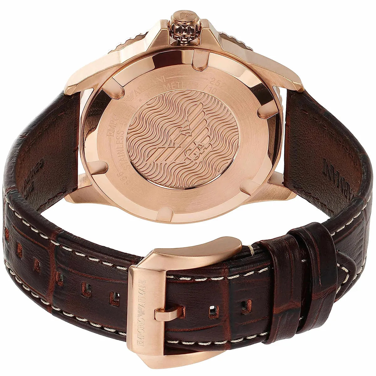 Emporio Armani AR11556 caseback detail with engraved pattern and rose gold finish