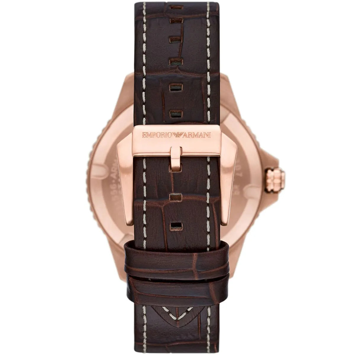 Emporio Armani AR11556 caseback showing rose gold with engraved design