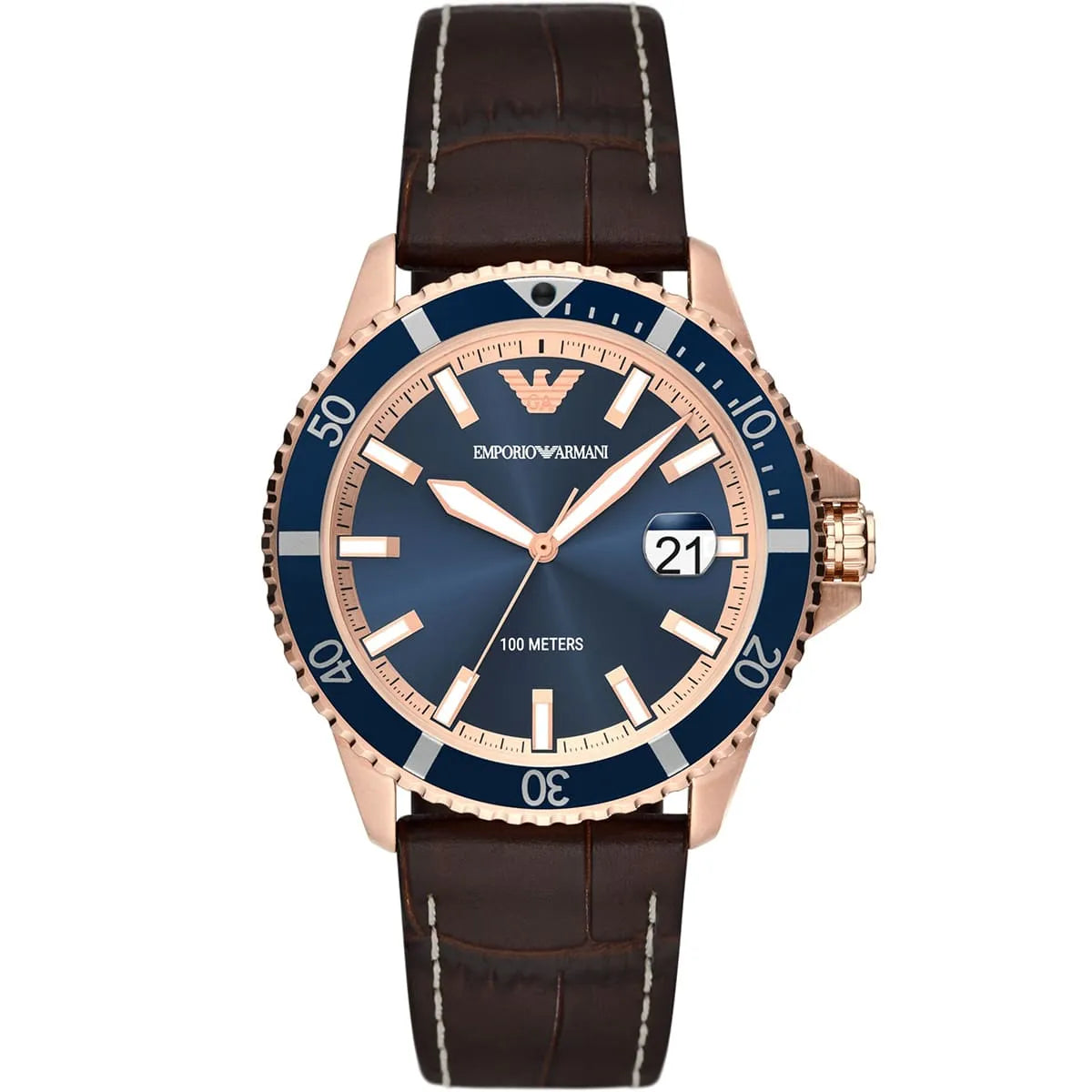 Emporio Armani AR11556 rose gold watch with blue dial and brown leather strap