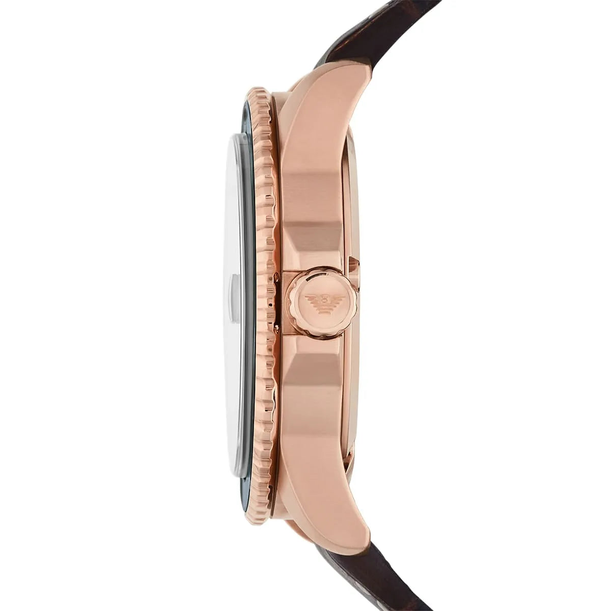 Emporio Armani AR11556 side profile showing rose gold case thickness and brown strap
