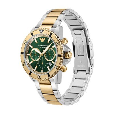 AR11586 watch at angle showing two-tone stainless steel and gold bracelet