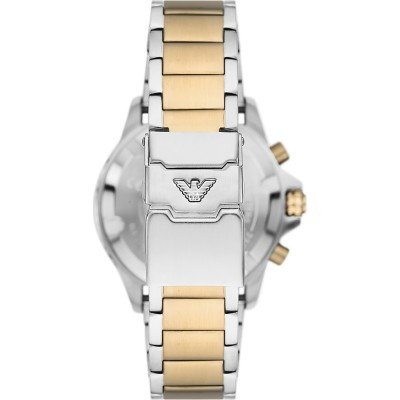 AR11586 case back with Emporio Armani eagle logo on two-tone bracelet