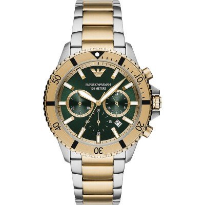 Emporio Armani AR11586 chronograph watch with green dial and two-tone bracelet