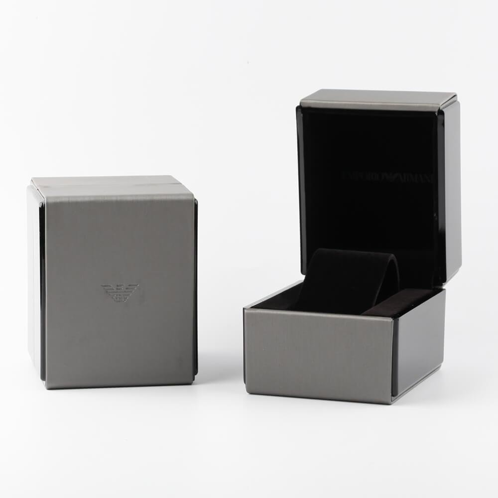 Emporio Armani AR11606 watch gift box with branded gray exterior and black interior