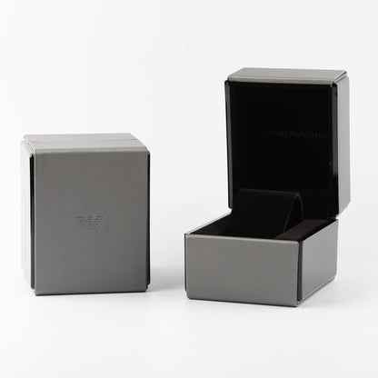 Emporio Armani AR11606 watch gift box with branded gray exterior and black interior
