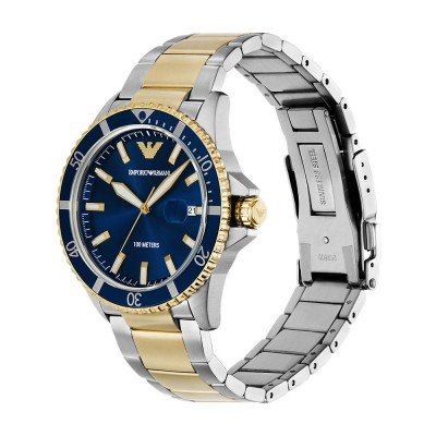 Emporio Armani AR11682 side angle view showing two-tone steel and gold bracelet
