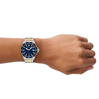 Emporio Armani AR11682 worn on wrist showing blue dial and two-tone bracelet