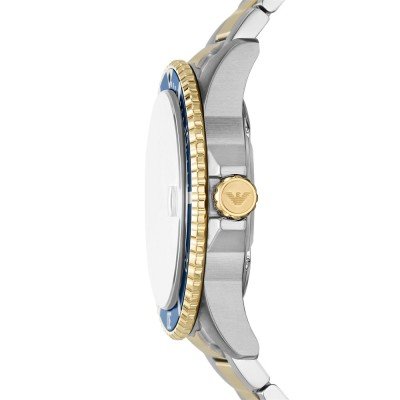 Emporio Armani AR11682 side profile with blue bezel and mixed metal bracelet