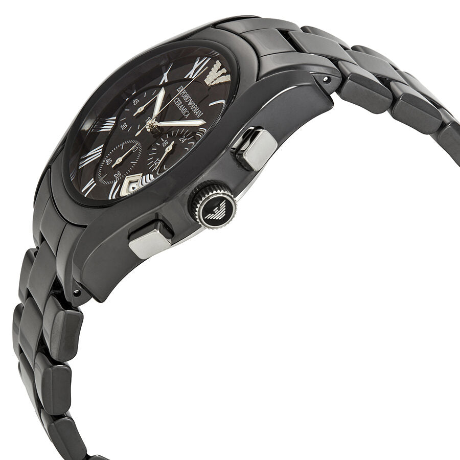 Side angle view of Emporio Armani AR1400 black ceramic chronograph watch showing case profile