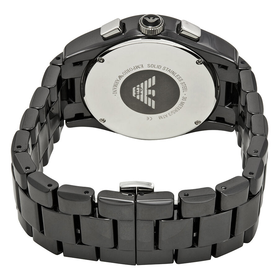 Case back of Emporio Armani AR1400 watch showing solid stainless steel caseback with Armani eagle logo