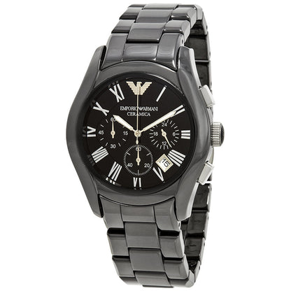 Emporio Armani AR1400 chronograph watch with black ceramic case and black dial with Roman numerals