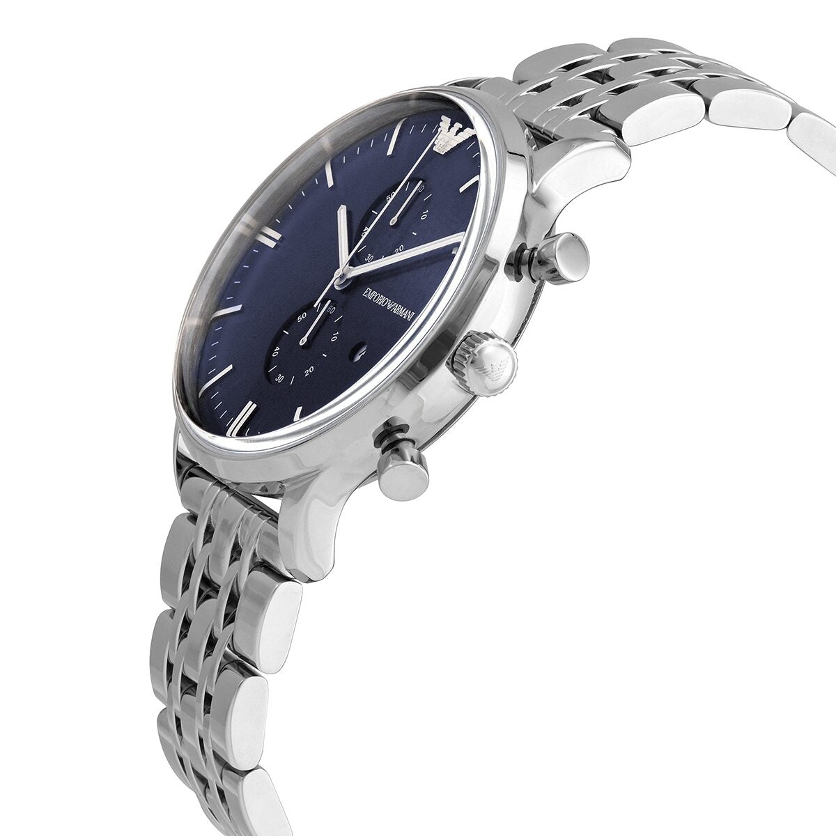 Side angle view of Emporio Armani AR1648 watch showing chronograph pushers and stainless steel strap